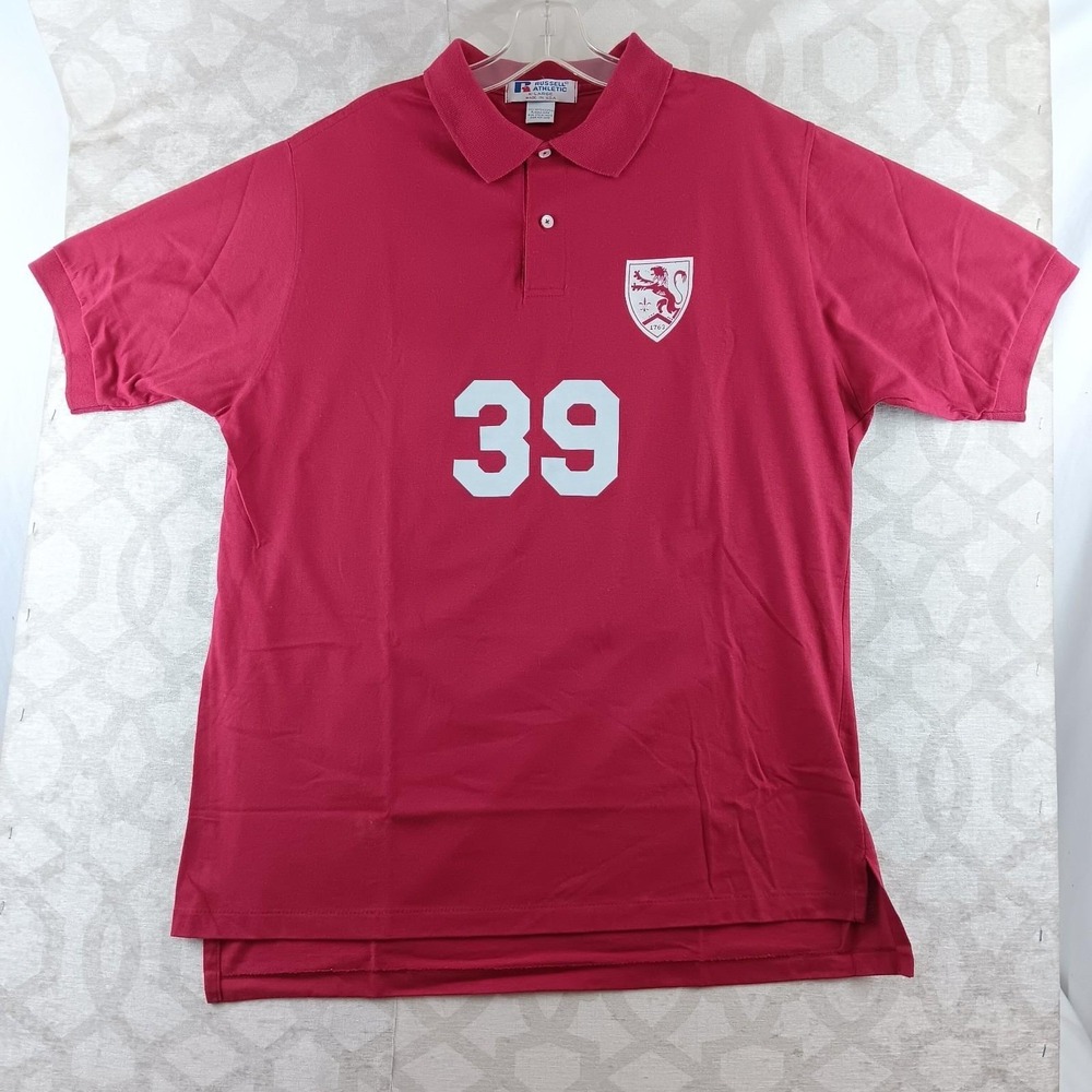 Russell Athletic Mens XL Red Vintage USA Made Crest Graphic Number 39 Polo Shirt